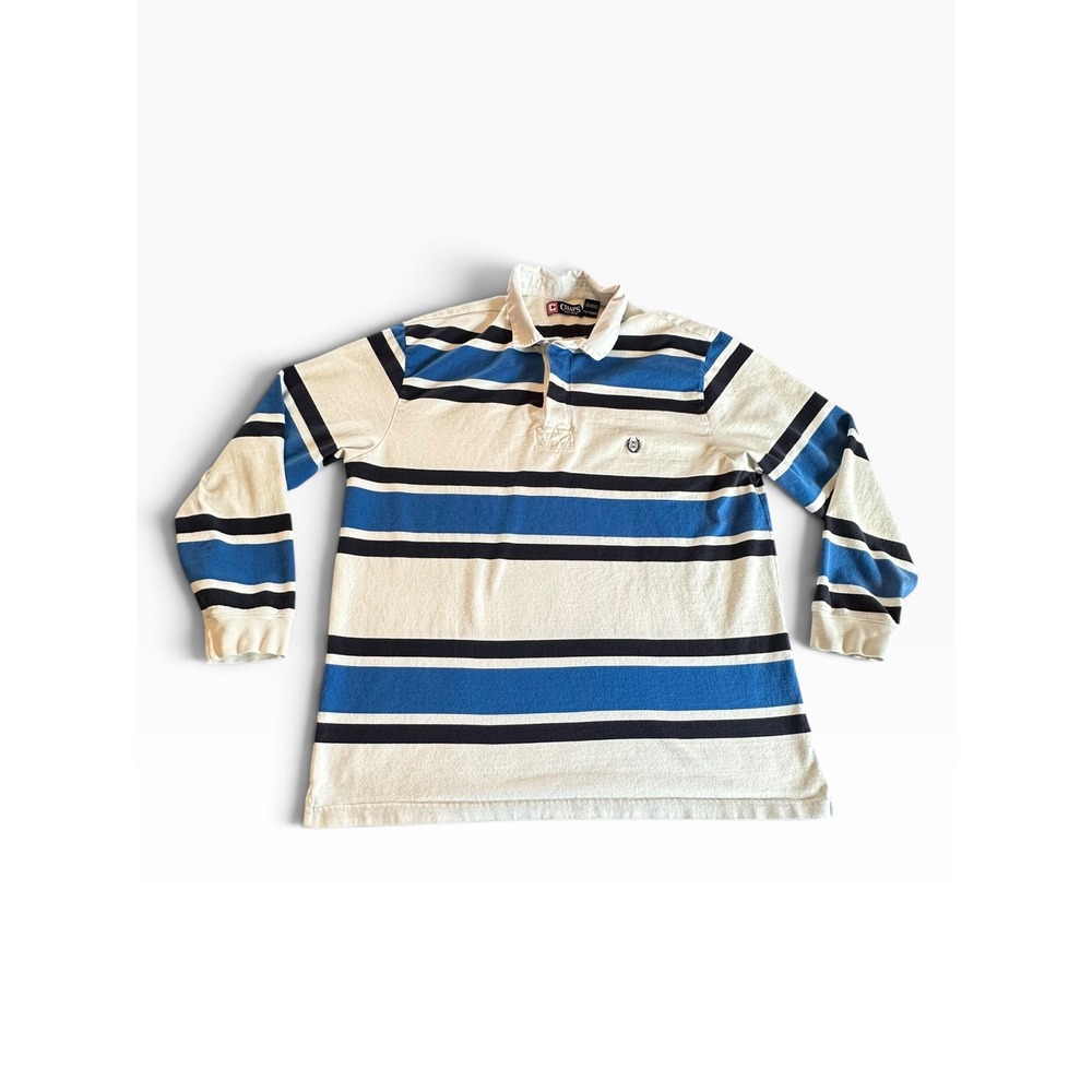 Chaps Rugby Shirt Mens XXL Blue Cream Striped Long Sleeve Cotton Preppy
